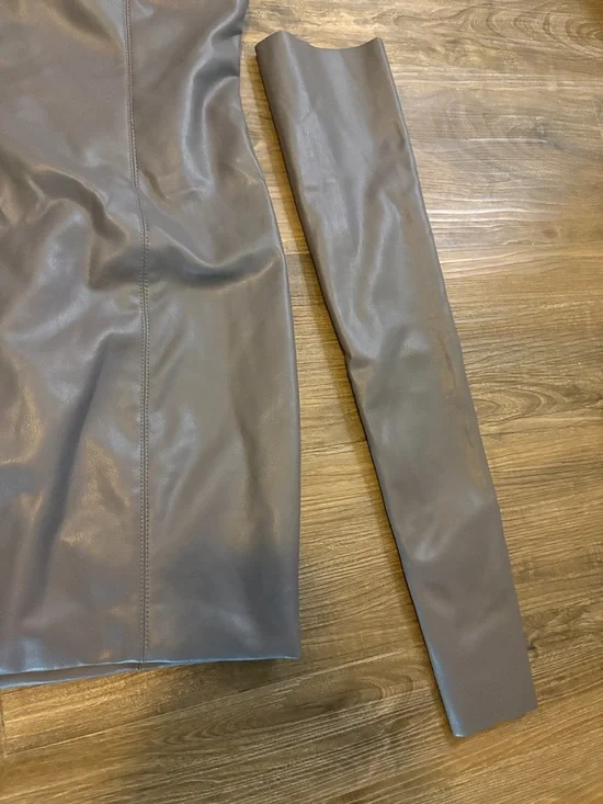 Strapless Faux Leather Mini Dress with Removable Sleeves - Dark Gray - Picture 3 of 6